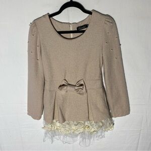 Dowisi Beige Long Sleeve Mini Dress With Bow Ruffle And Faux Pearl Accents XS